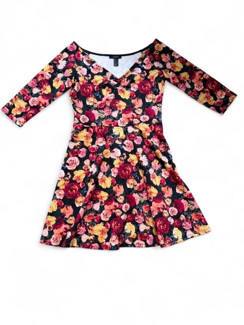 Forever 21 Floral V-Neck Fit & Flare Dress with 3/4 Sleeves
